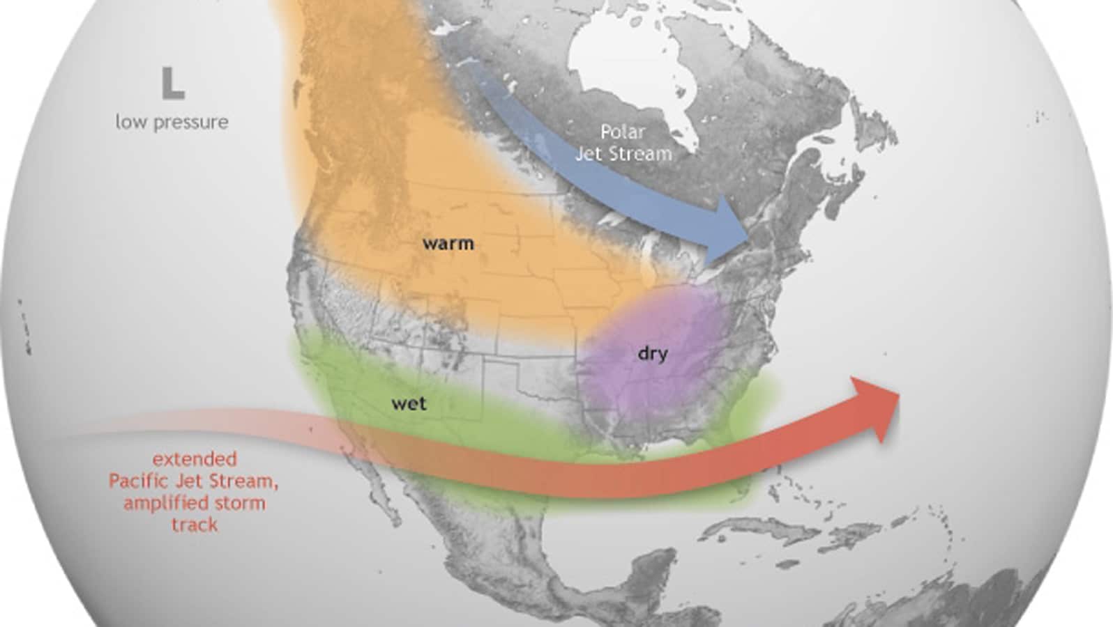 NOAA El Niño winter pattern across North America showing the Pacific jet stream and conditions relevant to rainy season water damage in Seattle and the Eastside.